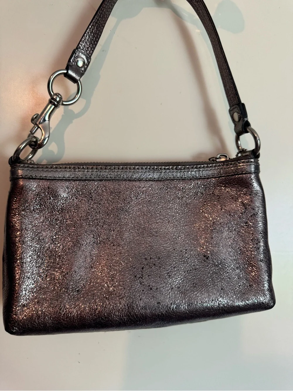 Coach Metallic Pewter Leather Poppy Wristlet